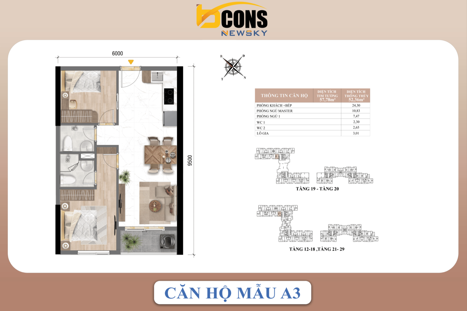 Căn hộ mẫu A3 — 2 phòng ngủ