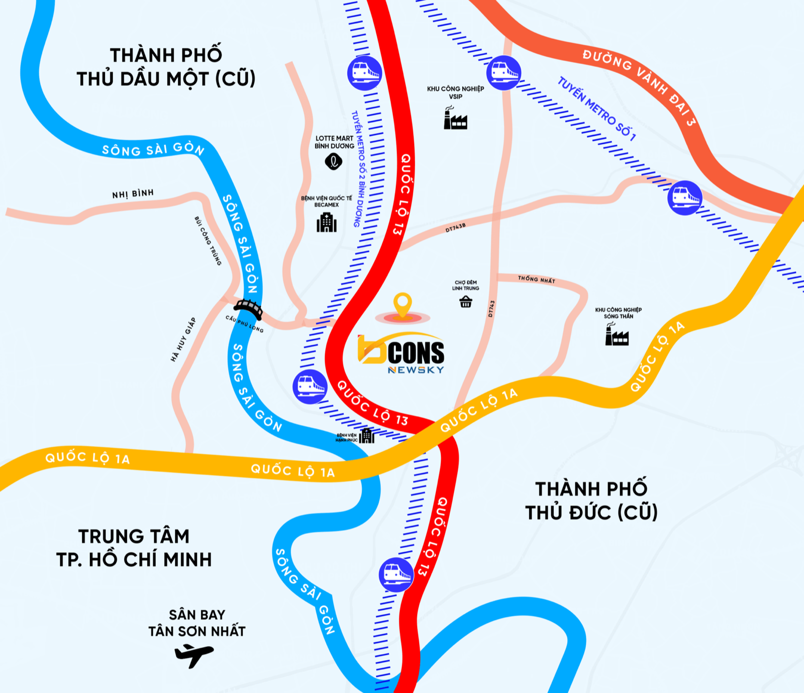 Bản đồ vị trí Bcons New Sky trên trục Quốc lộ 13 giữa TP.HCM và Thủ Dầu Một