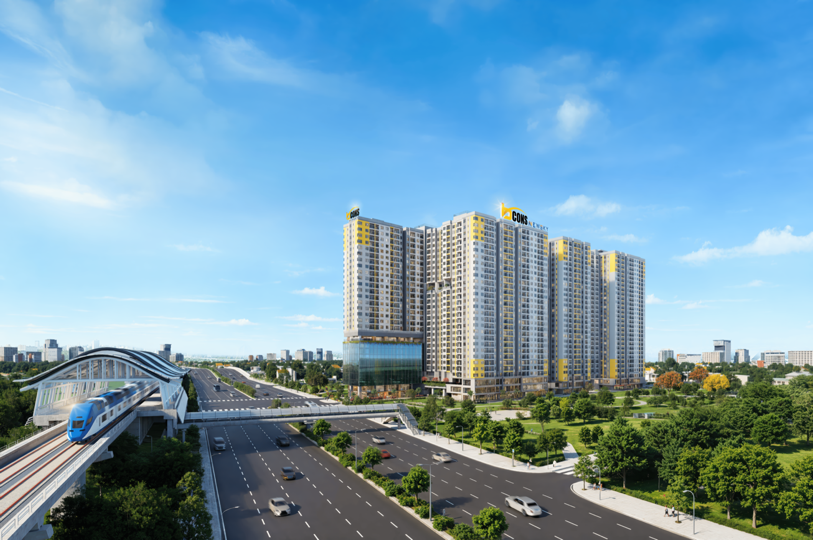 Phối cảnh Bcons New Sky nhìn từ Quốc lộ 13 với tuyến Metro